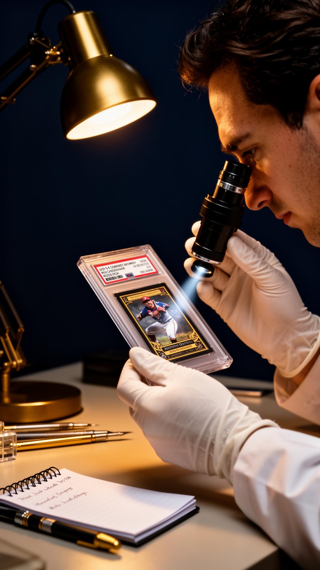 Authentication specialist examining a slab with a loupe